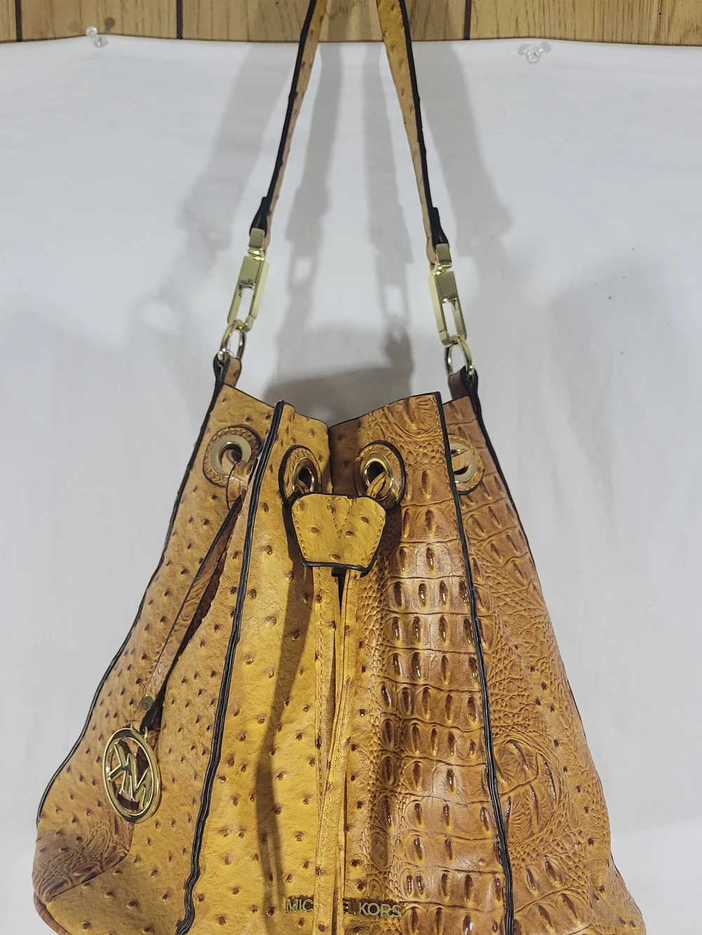 Michael Kors Tan Croc & Ostrich-Texture Drawstring Shoulder Bag